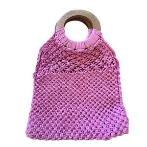 Crochet Tote Swim bag with Circle Wooden Handle Pink